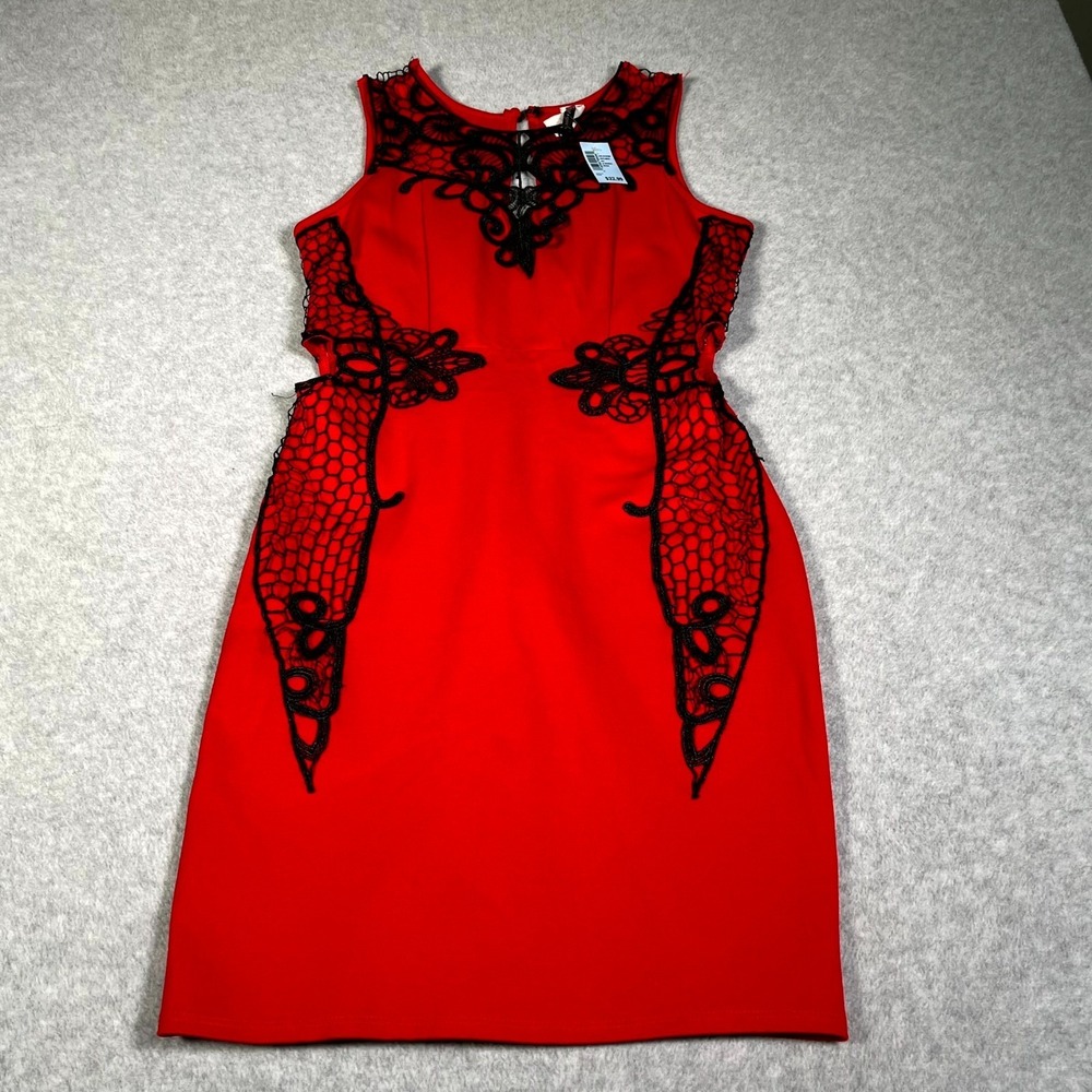 Freeze Sheath Dress Womens Large Red Black Lace Overlay Stretch Keyhole Back